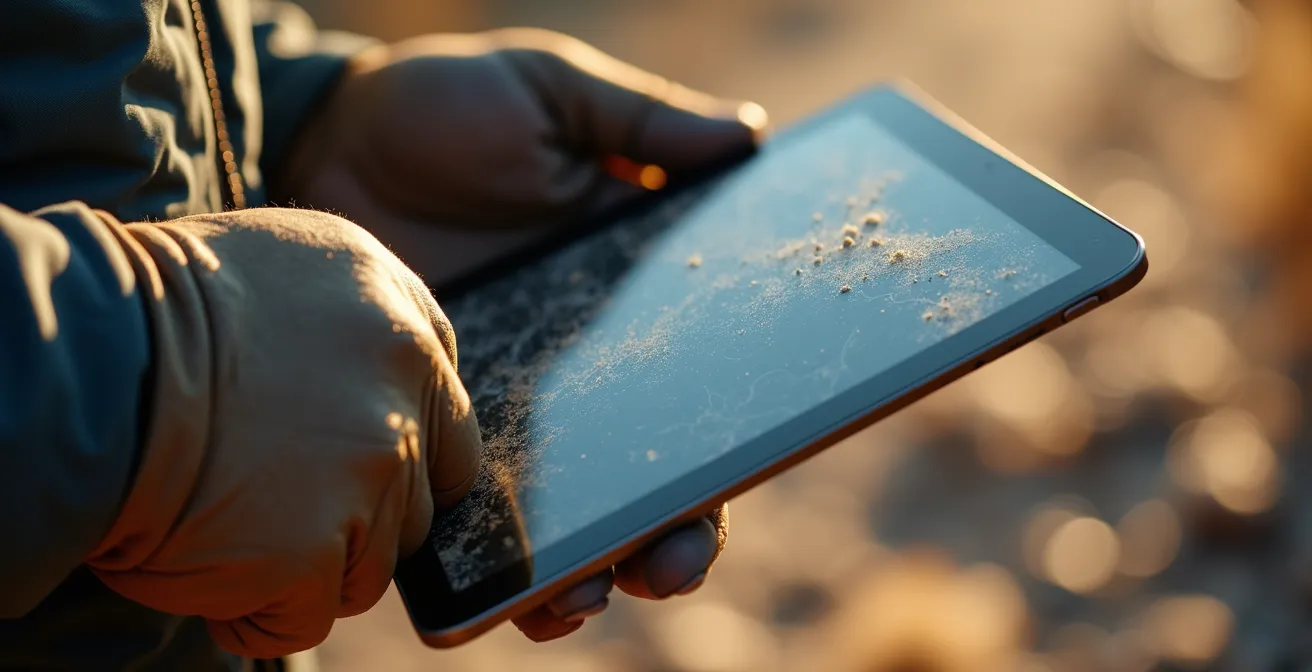 Mani che tengono un tablet con mappa topografica 3D di un sentiero costiero