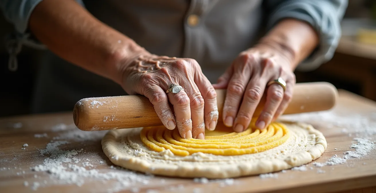 Mani di anziana che prepara pasta fatta in casa in una cucina all'aperto durante una sagra