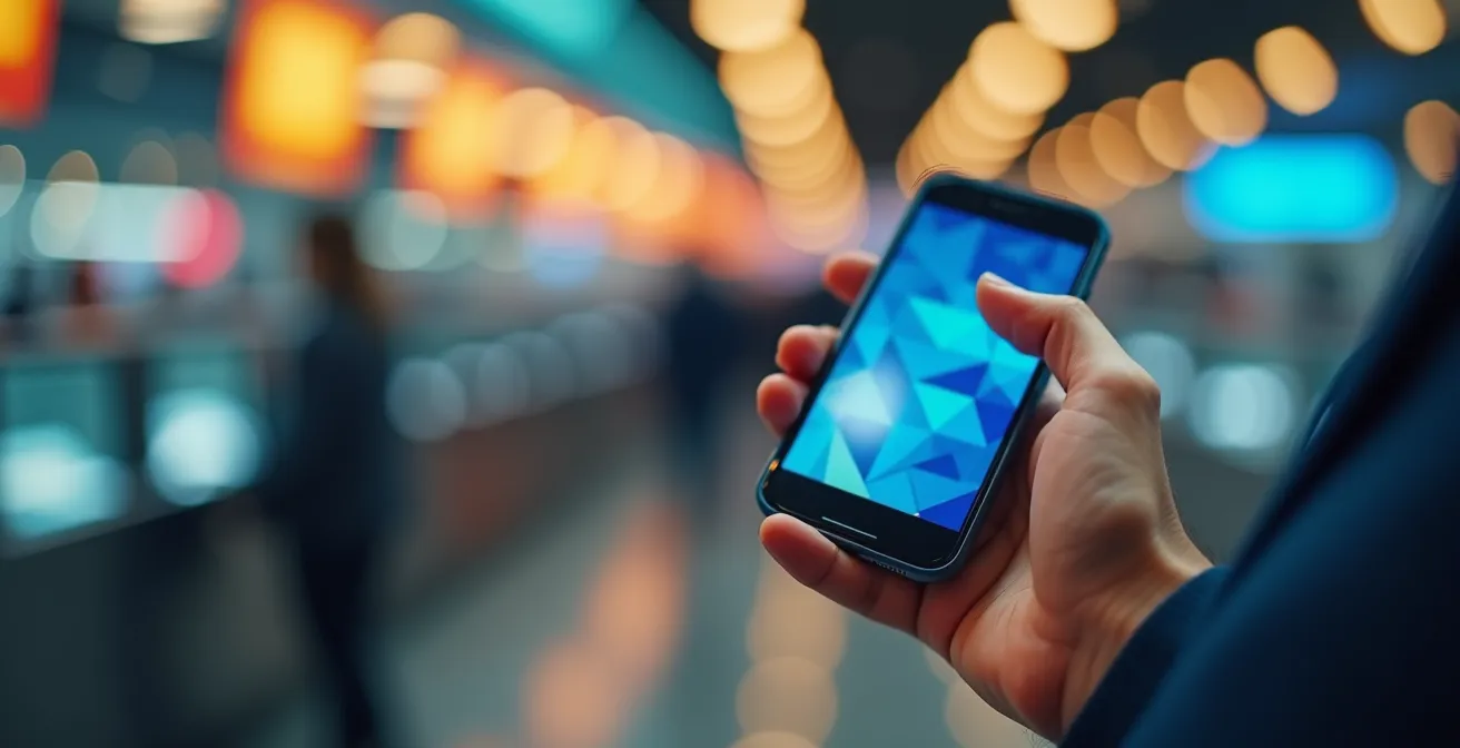 Mano che tiene uno smartphone con la schermata del check-in davanti a un banco dell'aeroporto