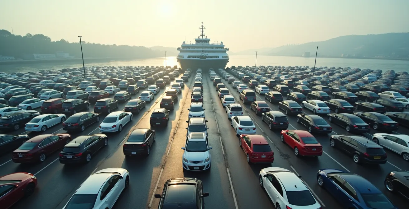 Area di attesa del porto con auto in fila per l'imbarco sul traghetto