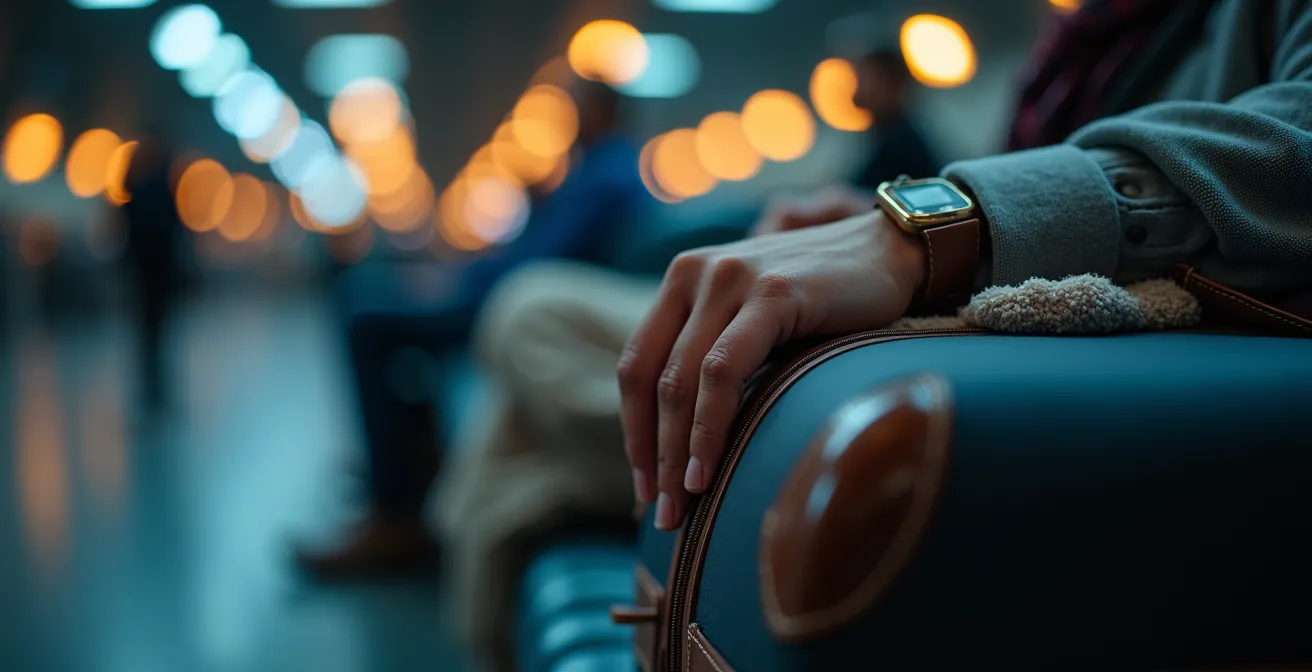 Area tranquilla di aeroporto illuminata soffusamente con viaggiatori che riposano su panche