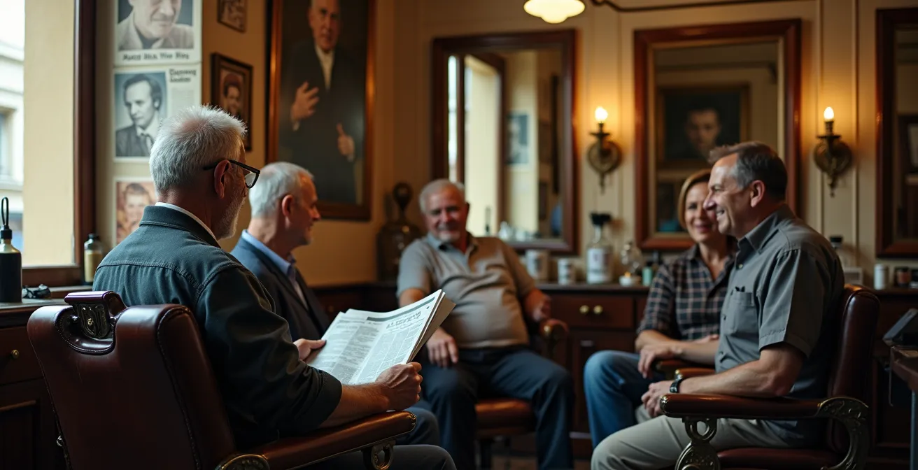 Interno di un barbiere tradizionale italiano con clienti anziani che conversano, specchi vintage e atmosfera accogliente