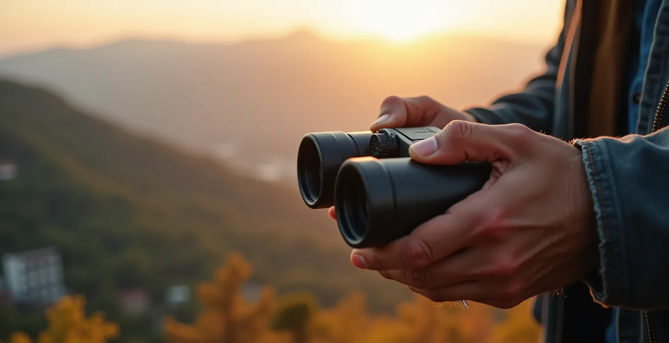 Mani che tengono binocolo compatto con vista sfocata di città e montagne