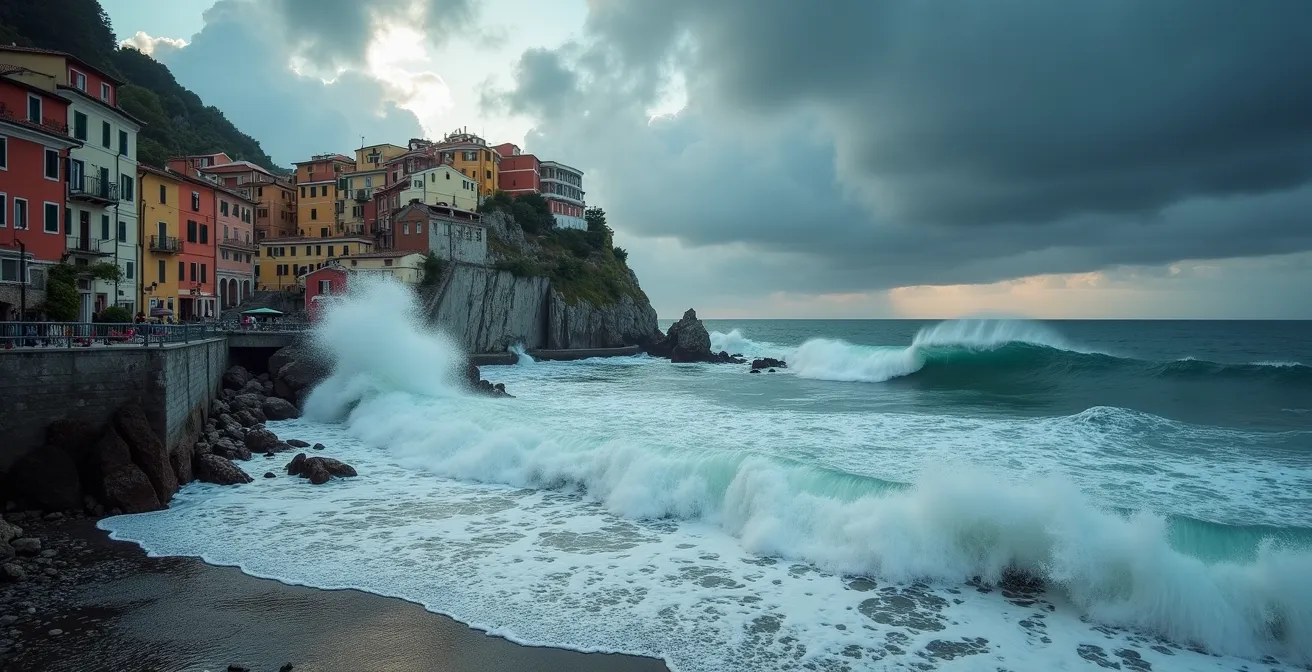 Borgo marinaro durante una tempesta invernale di novembre con onde alte e case colorate