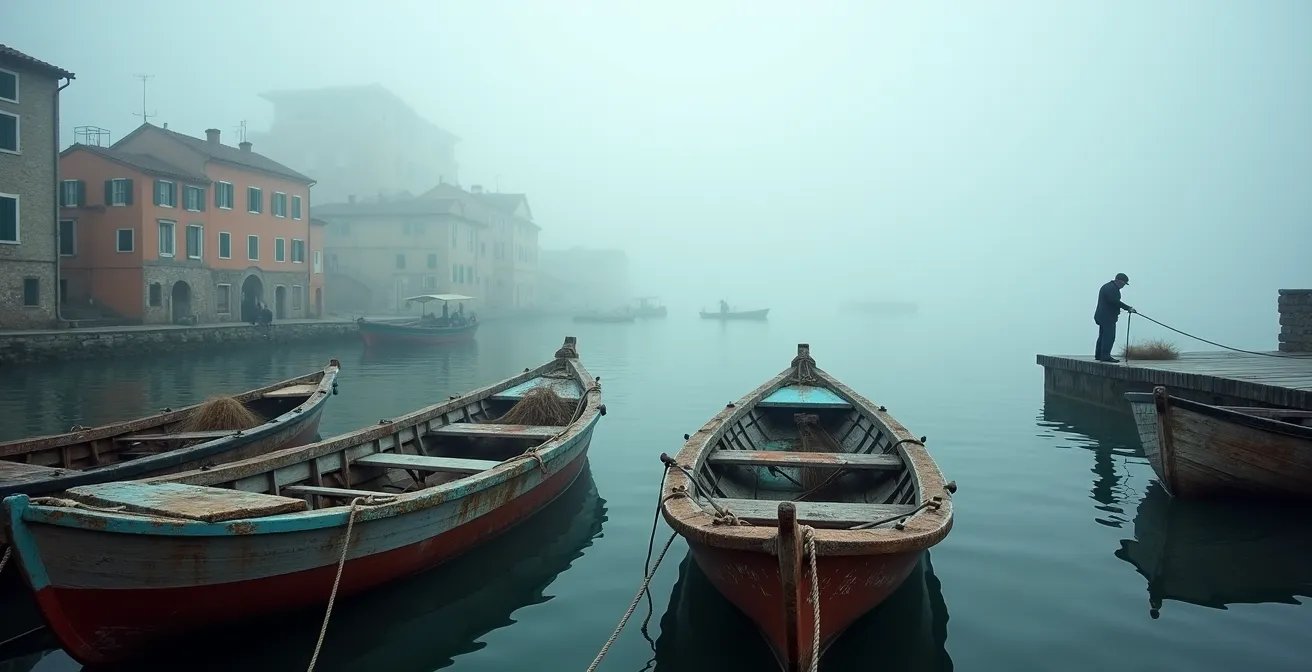 Borgo di pescatori avvolto nella nebbia autunnale con barche ormeggiate