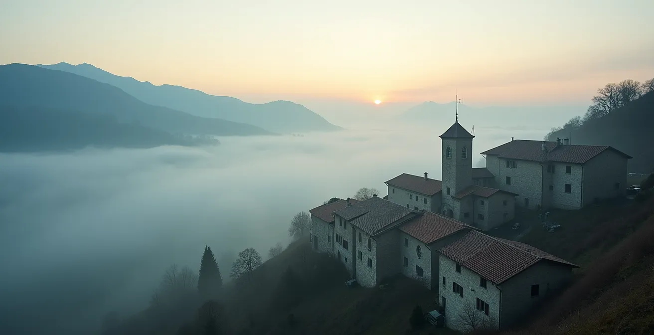 Vista panoramica di un borgo italiano UNESCO poco conosciuto immerso nella nebbia mattutina