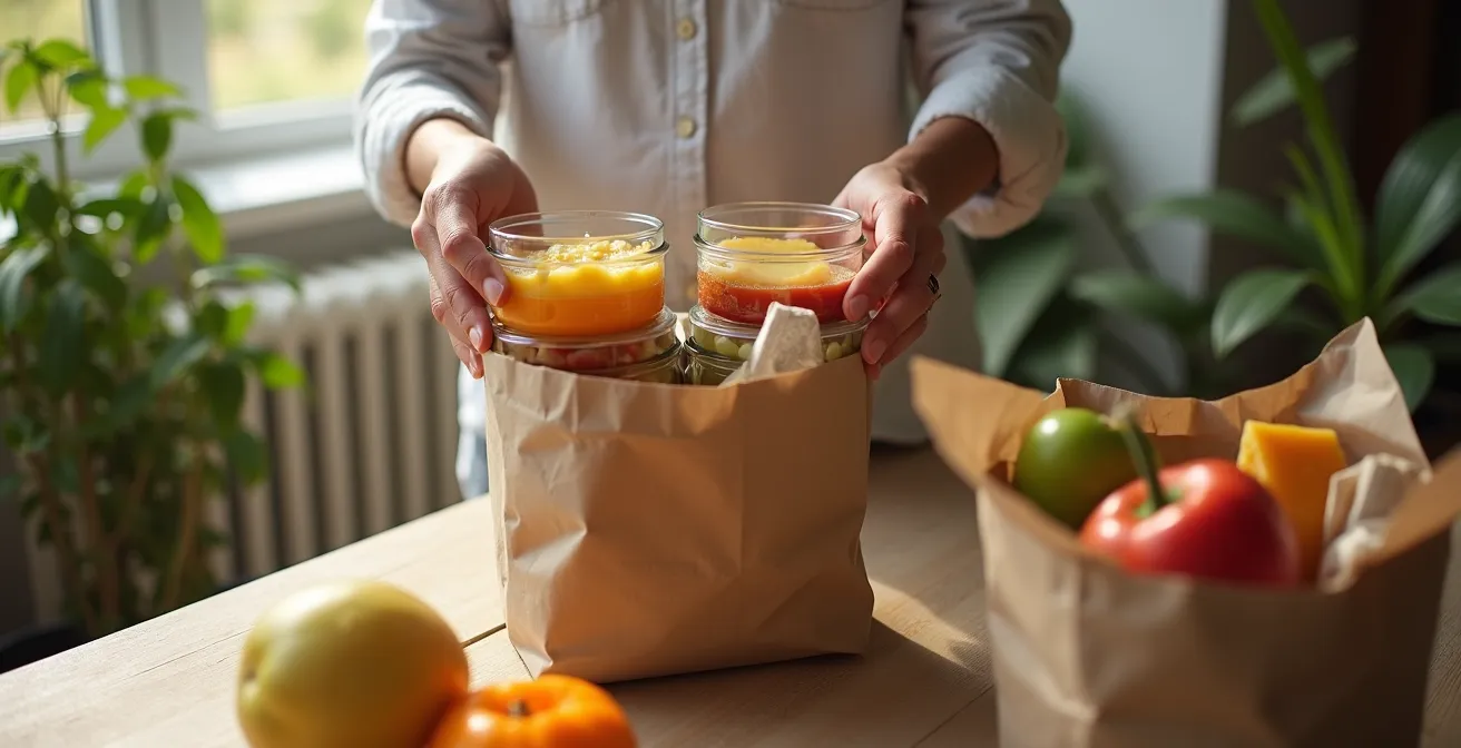 Borsa termica aperta con contenitori di cibo organizzati per il viaggio di ritorno