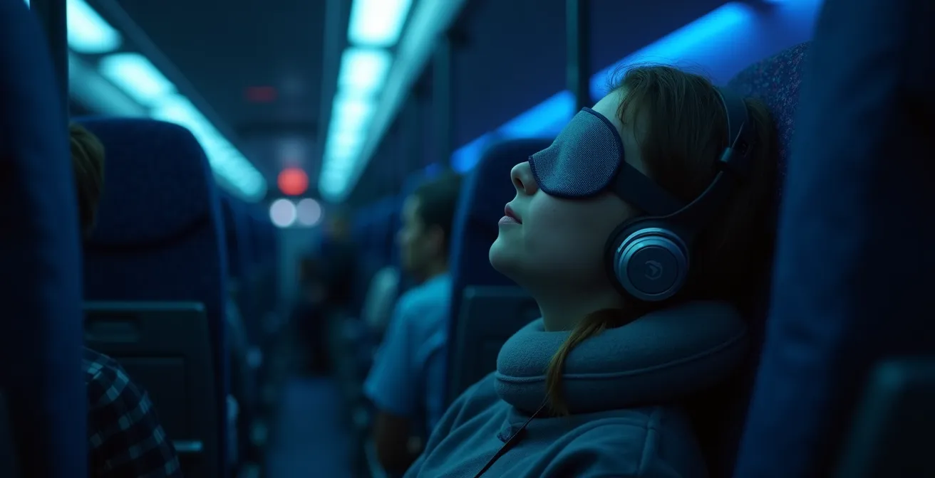 Interno di un bus notturno con passeggeri che riposano comodamente