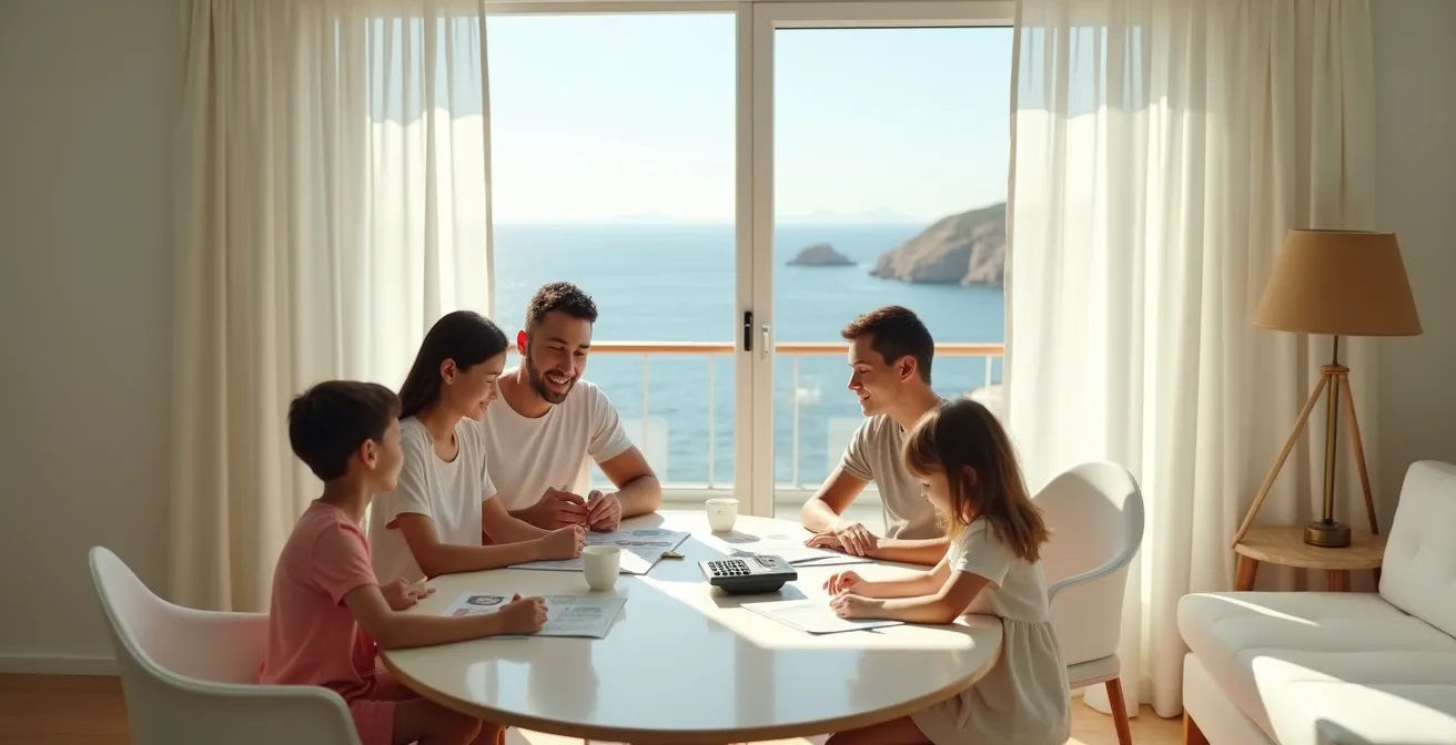 Famiglia che calcola il budget vacanza con documenti e calcolatrice