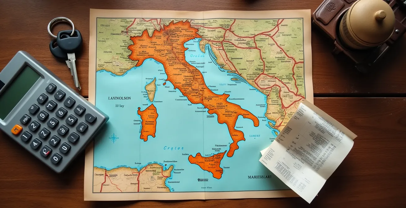 Tavolo con mappa stradale italiana, calcolatrice e ricevute di viaggio