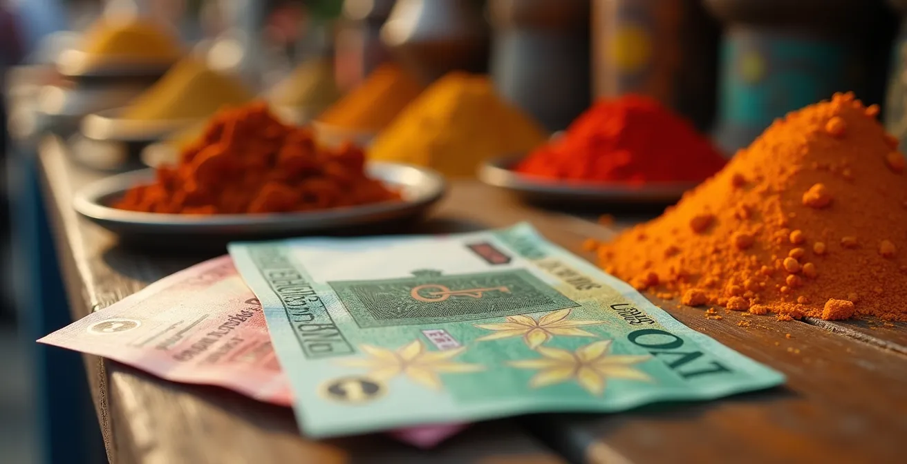 Mercato locale esotico con banconote e monete locali in primo piano