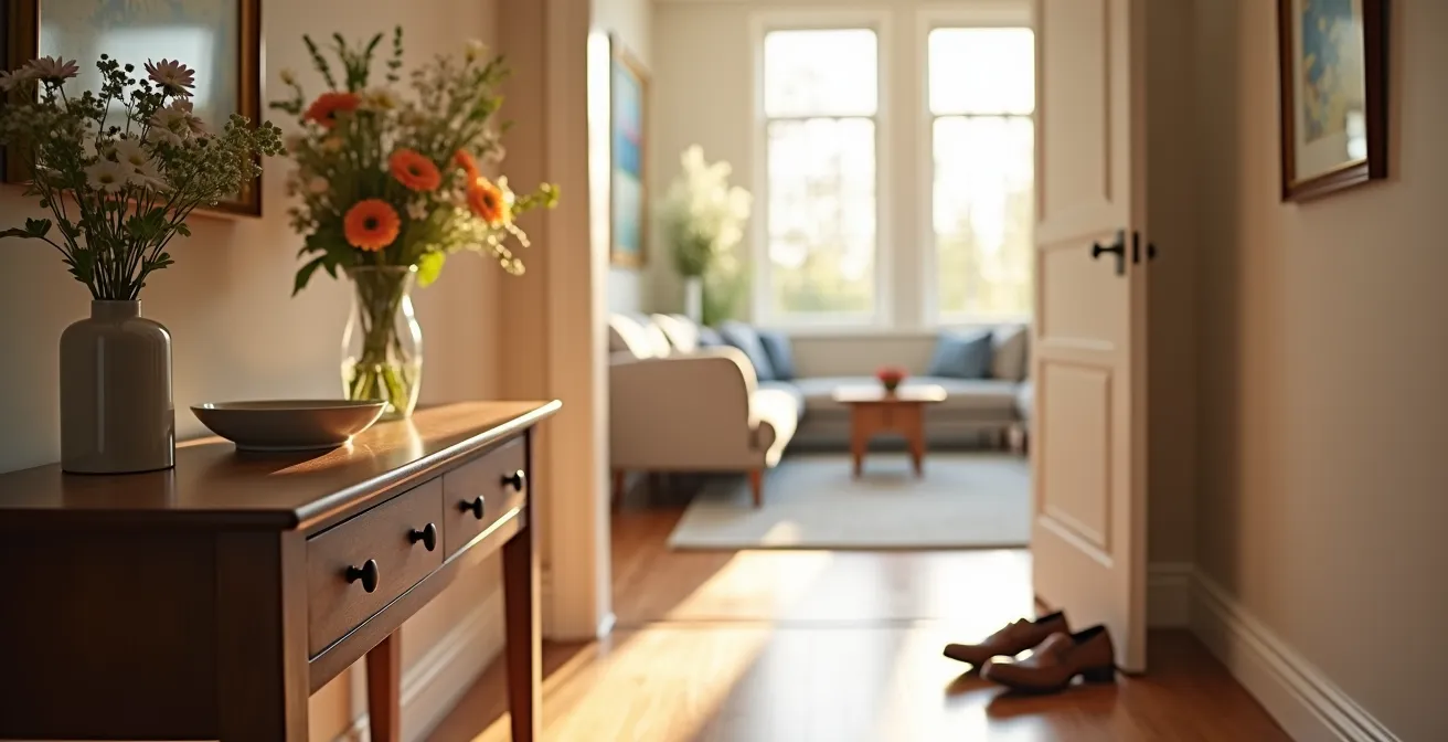 Interno di casa luminoso e ordinato con dettagli accoglienti pronti per ospitare viaggiatori
