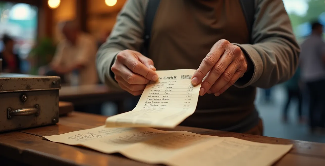 Primo piano delle mani di un volontario anziano che strappa uno scontrino cartaceo da un blocchetto alla cassa di una sagra