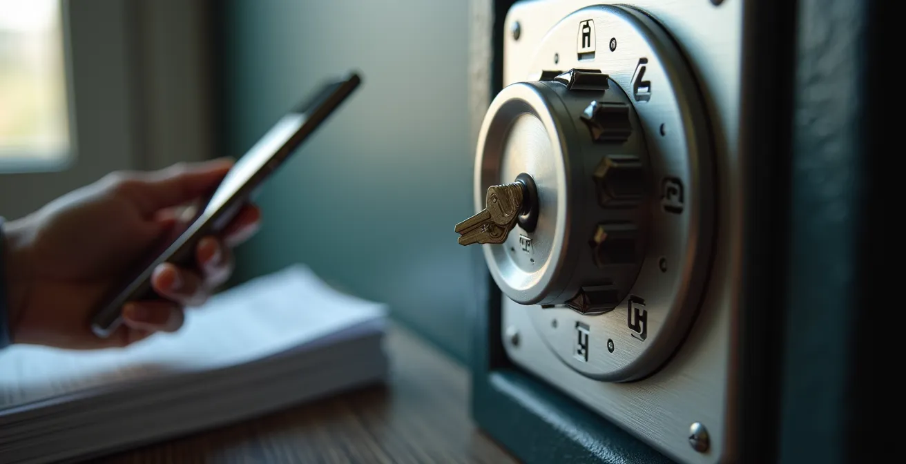 Primo piano di una cassetta di sicurezza per chiavi accanto a documenti di check-in e uno smartphone