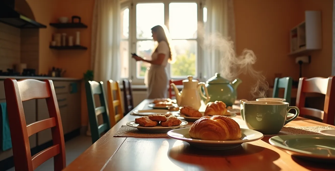 Sala colazione luminosa di un B&B italiano con tavolo apparecchiato e atmosfera accogliente