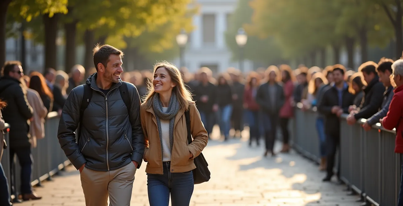 Confronto visivo tra turisti con accesso prioritario e fila normale presso un'attrazione famosa