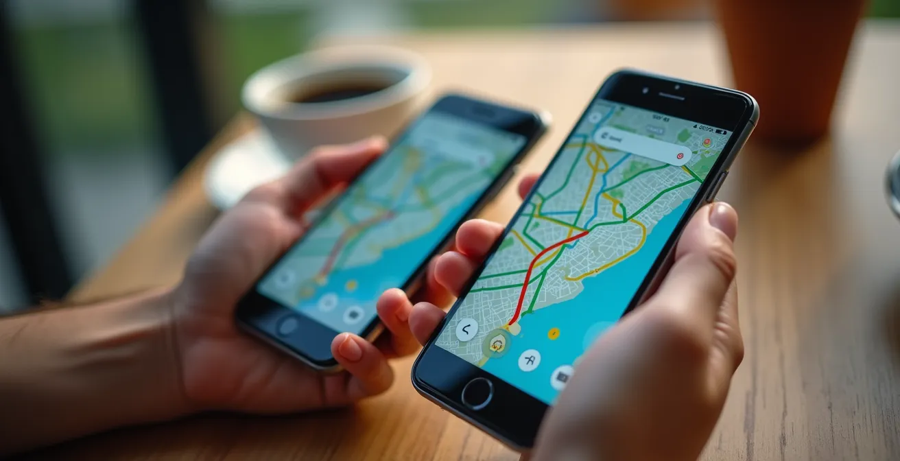 Mani che tengono due smartphone con mappe di trasporto diverse, viste dall'alto