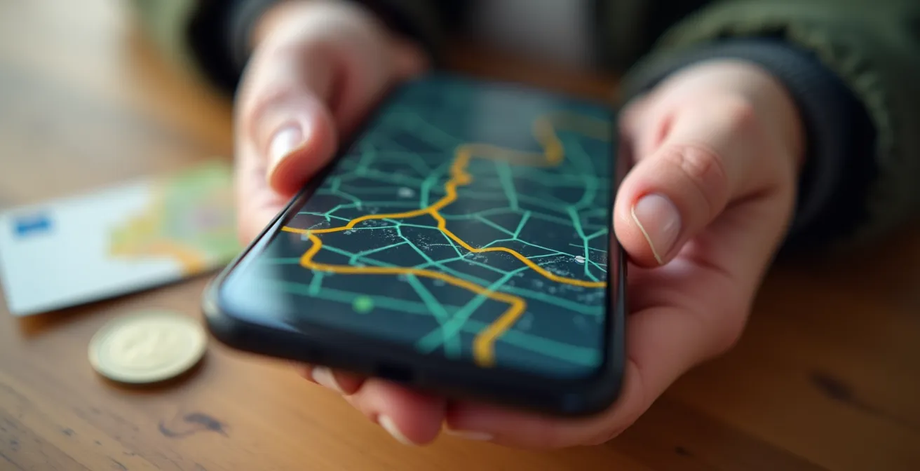 Mani che tengono smartphone con mappe di percorsi urbani e calcolatrice virtuale