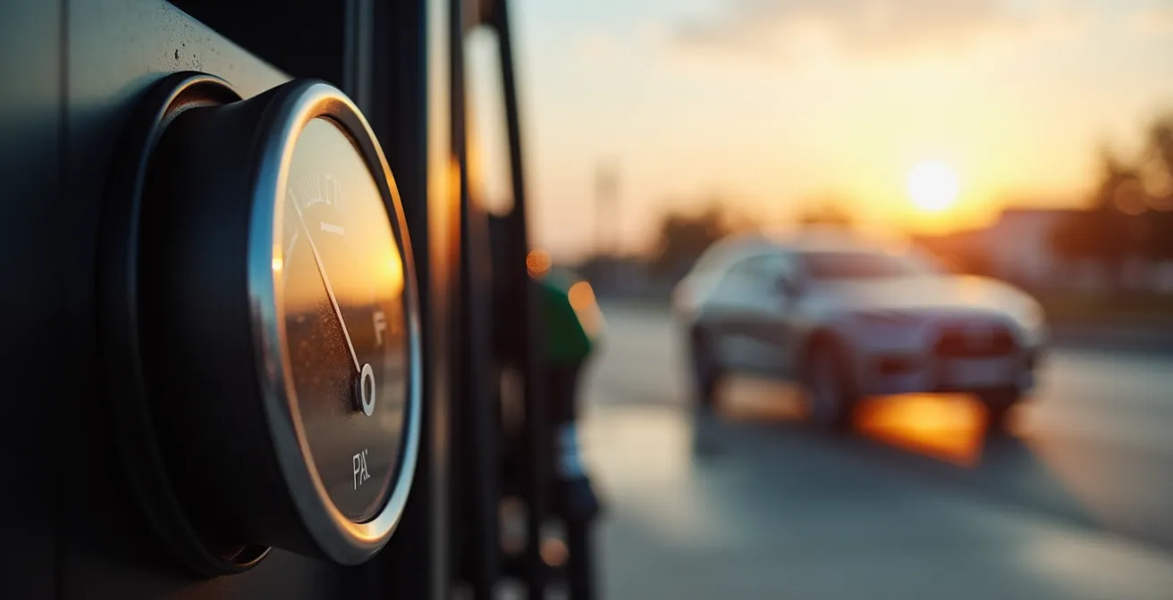 Stazione di servizio con indicatore carburante auto in primo piano