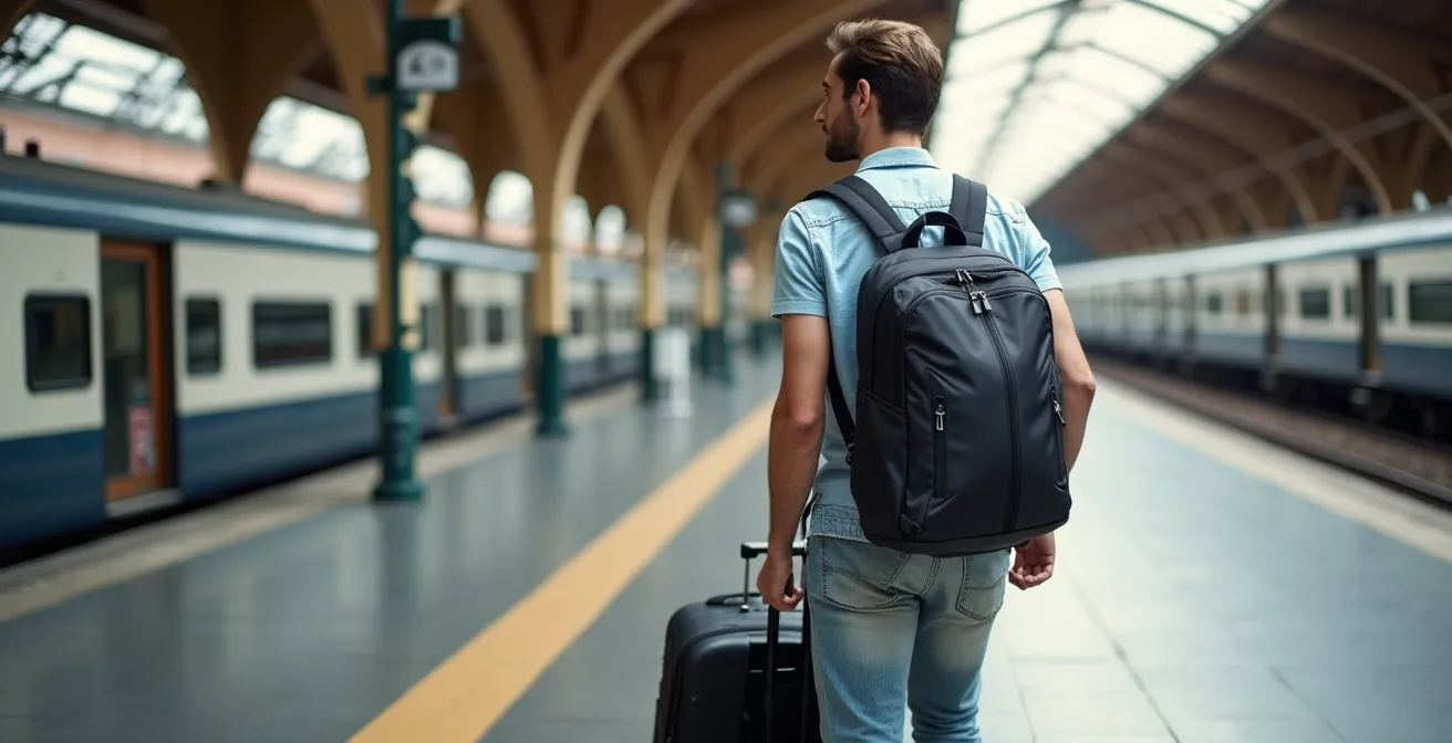 Viaggiatore con zaino ibrido convertibile in stazione ferroviaria italiana