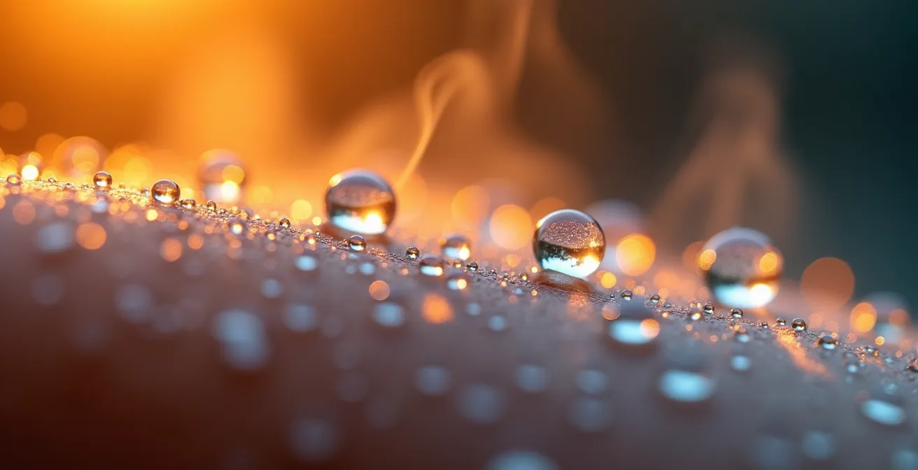 Primo piano di gocce d'acqua su pelle con vapore e contrasto di temperature