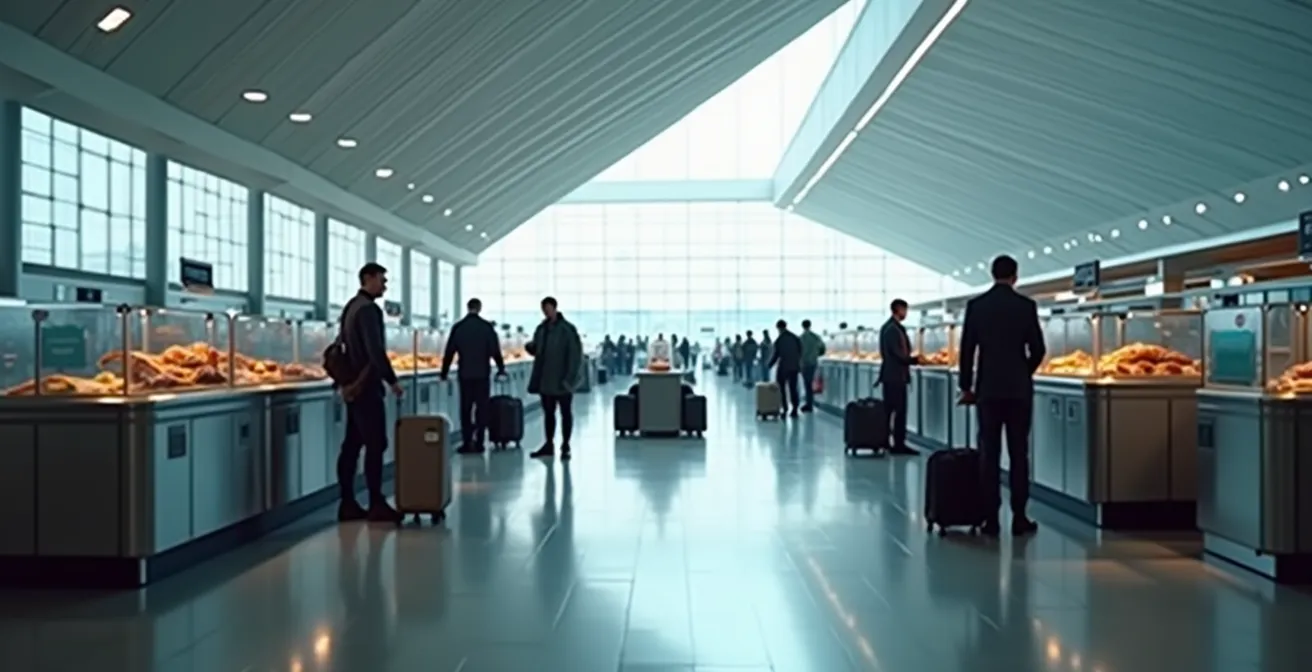 Vista area controlli doganali aeroporto con agenti e bagagli aperti per ispezione