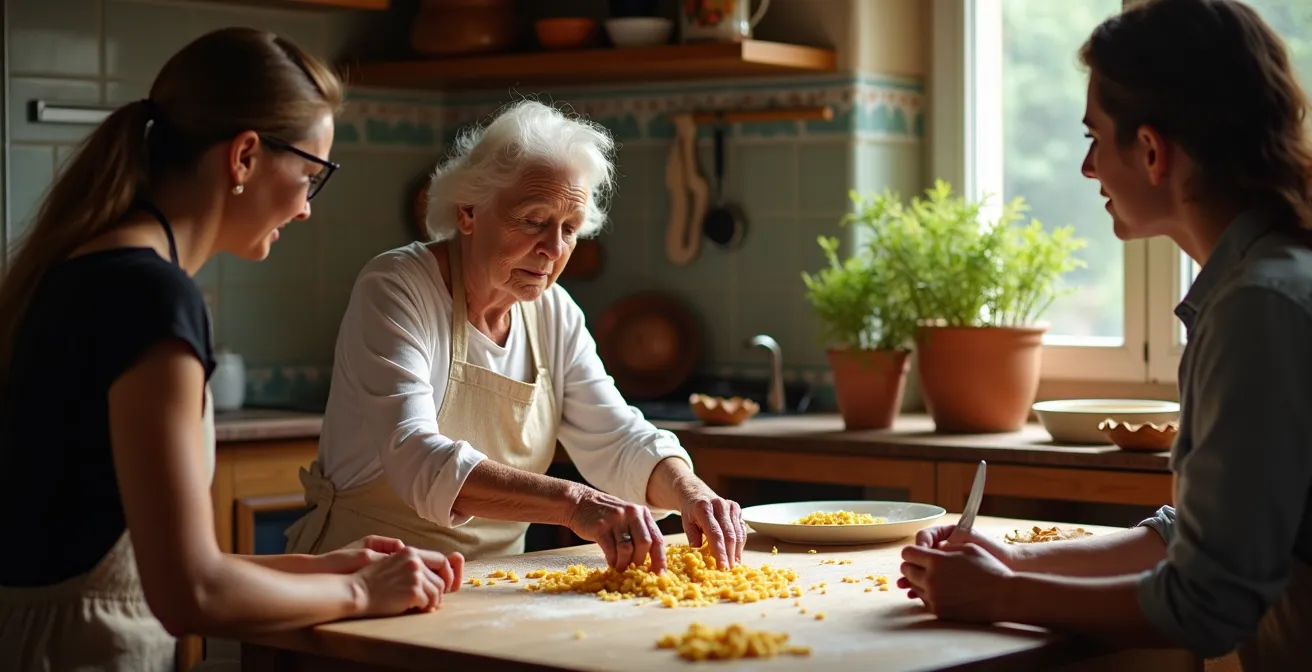 Cucina domestica italiana con Cesarina che insegna a piccolo gruppo intimo