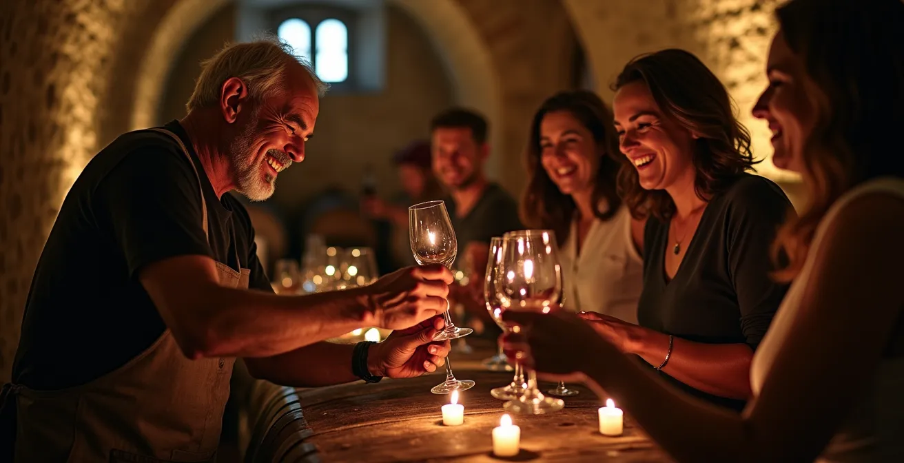 Piccolo gruppo di visitatori in cantina storica con barrique di legno e luce soffusa
