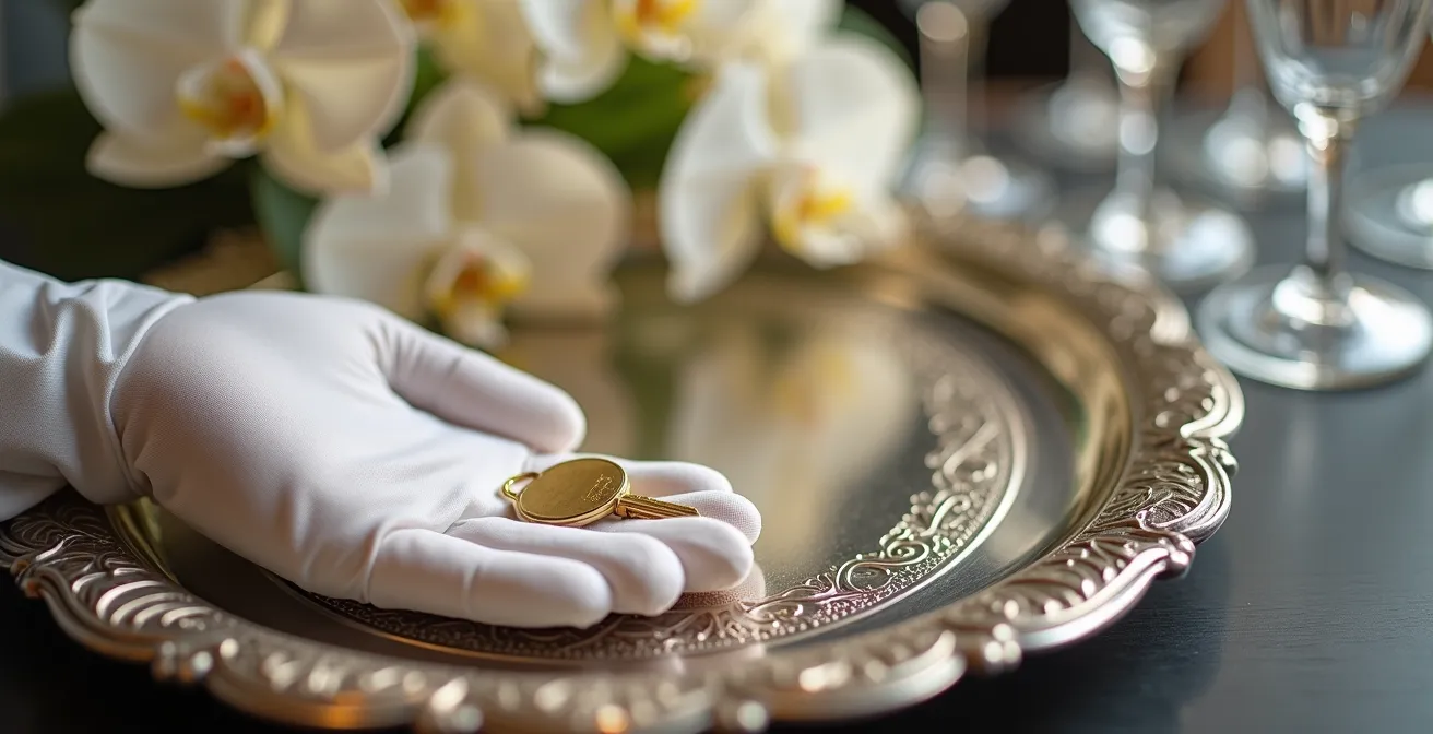 Macro dettaglio di servizio di lusso con mano che porge chiave dorata su vassoio d'argento