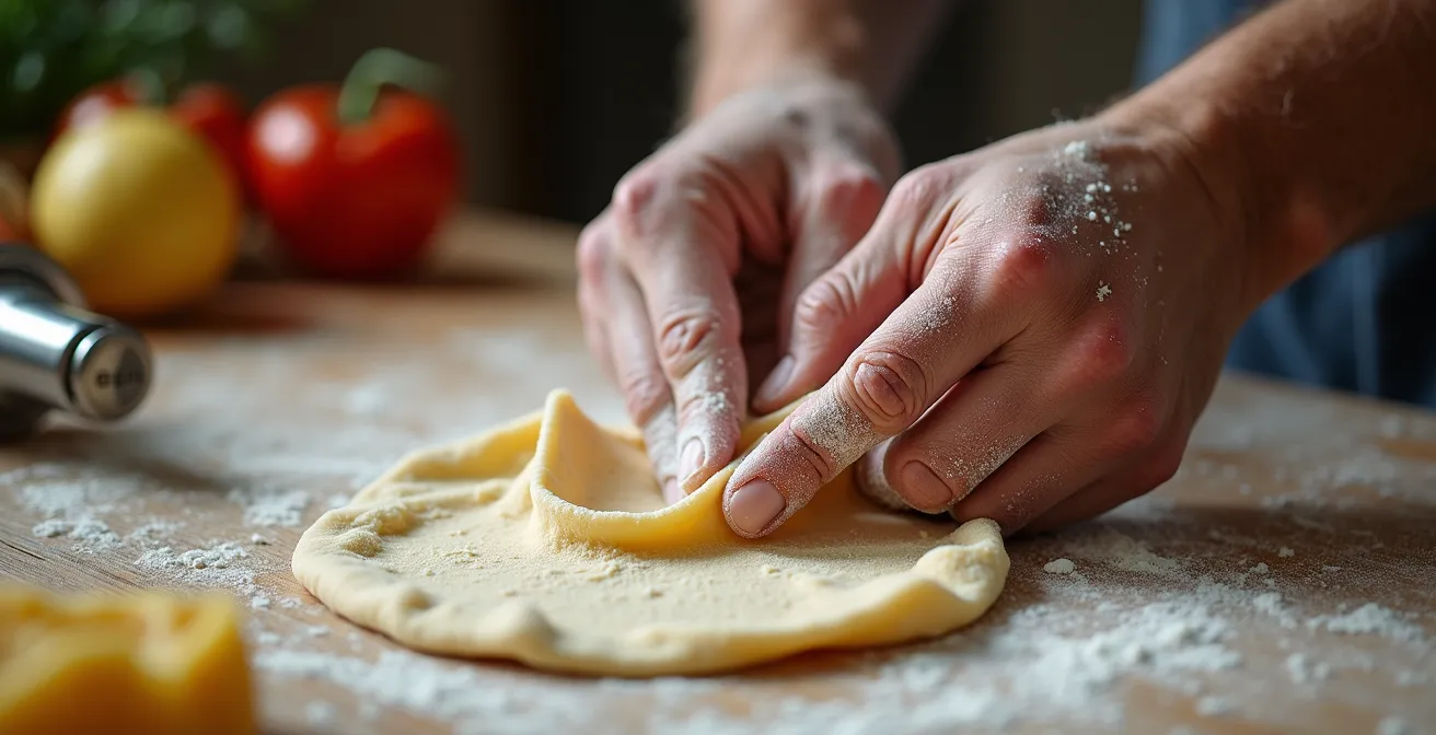 Mani di chef mostrano proporzioni e tecniche su tavolo con ingredienti