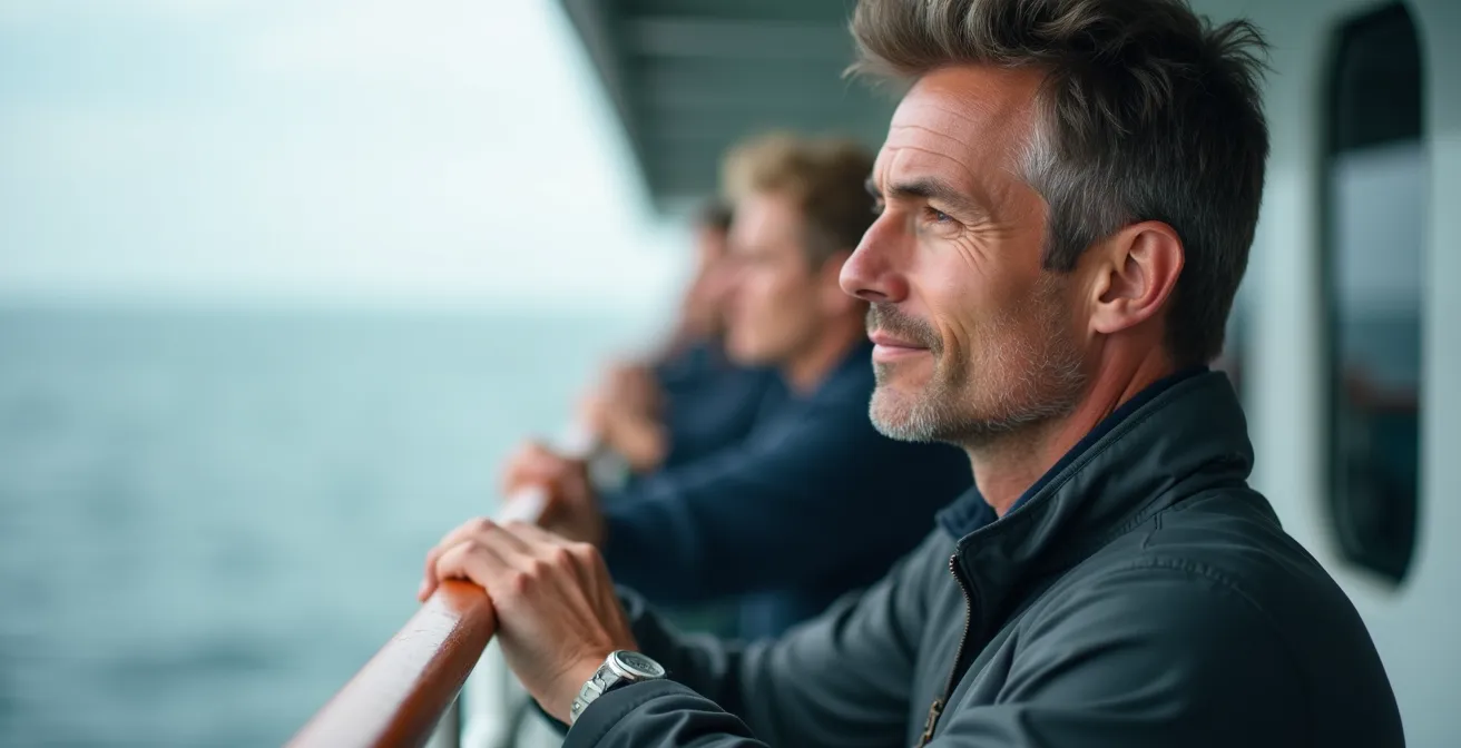 Passeggero che fissa l'orizzonte dal ponte esterno del traghetto praticando tecniche di equilibrio