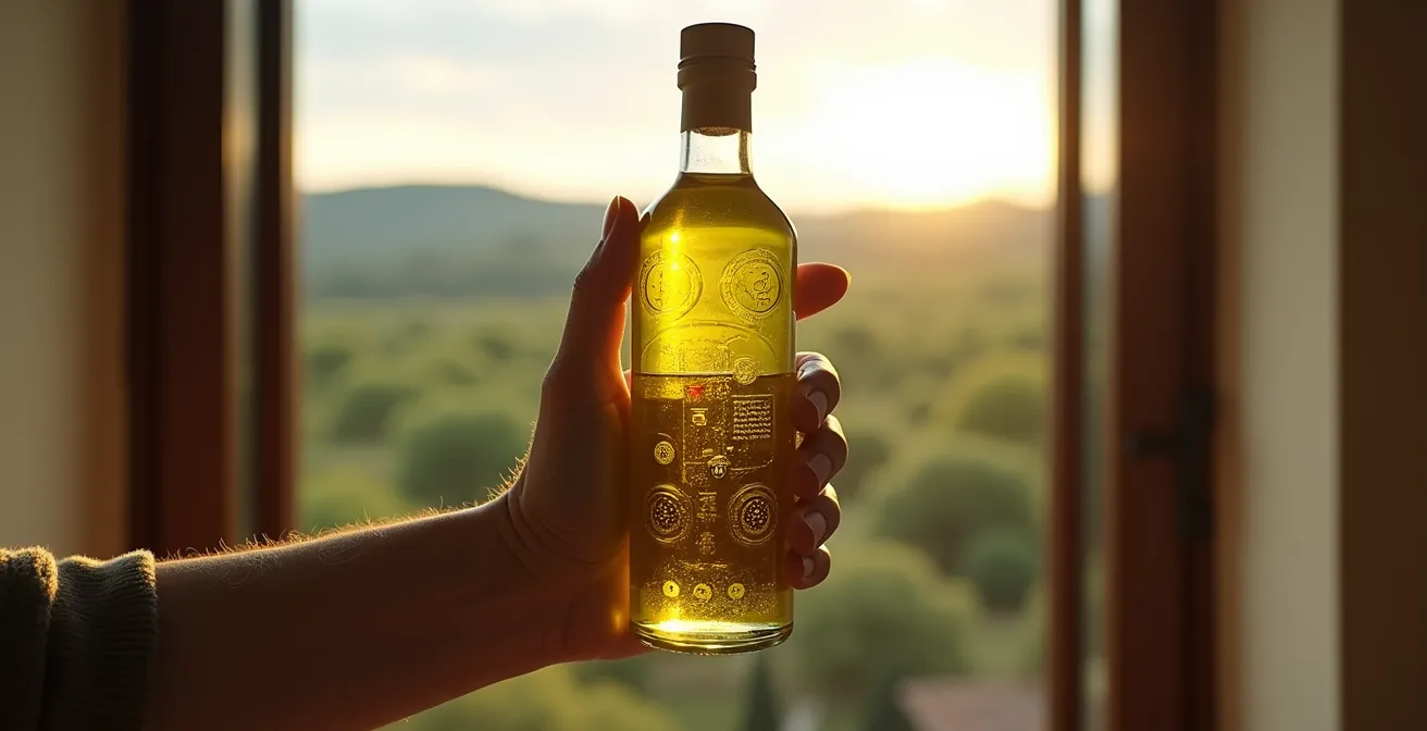 Vista ravvicinata di etichetta olio extravergine con sigilli dorati e indicazioni di origine