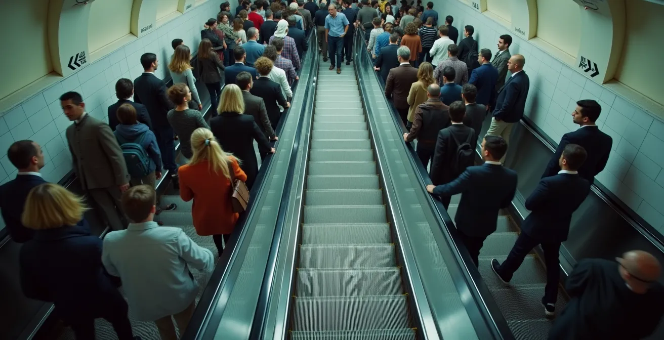 Vista dall'alto di una scala mobile affollata con persone disposte ordinatamente