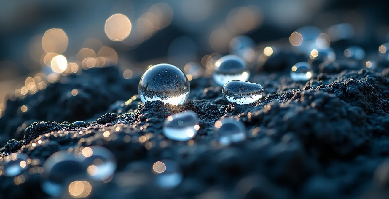 Dettaglio macro di gocce d'acqua su una superficie rocciosa vulcanica tipica delle isole