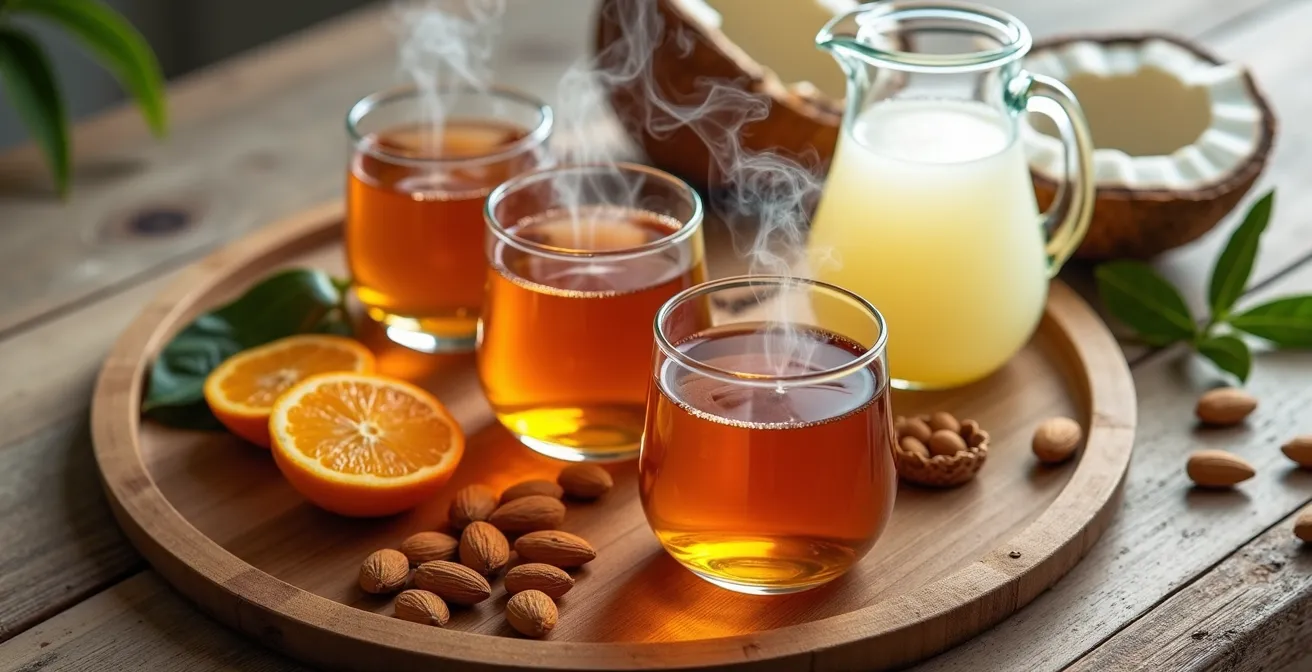 Composizione di tisane fumanti e frutta fresca su vassoio di bambù