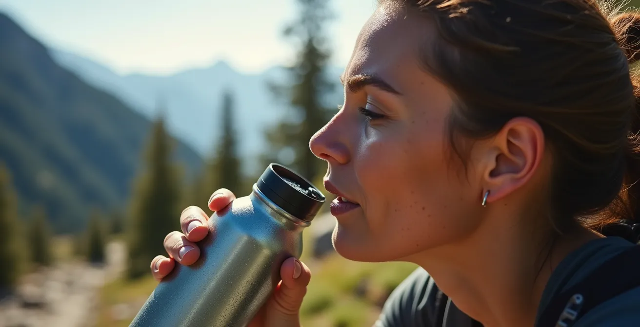 Escursionista che beve acqua durante pausa su sentiero montano
