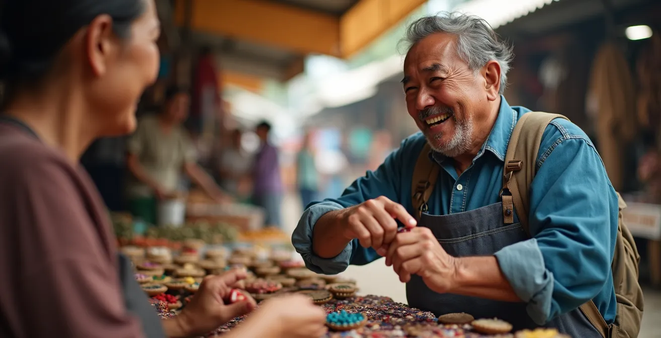 Viaggiatore che interagisce rispettosamente con venditori al mercato locale