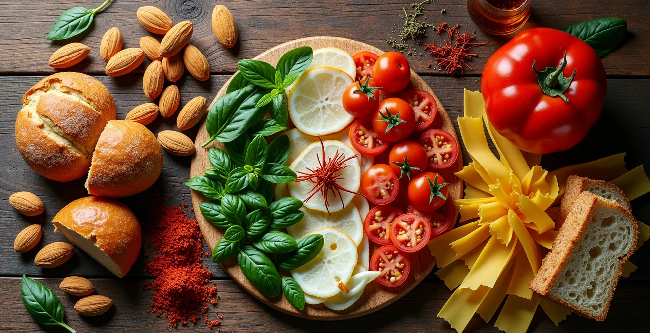 Tavola con ingredienti che rappresentano le diverse influenze culturali sulla cucina italiana