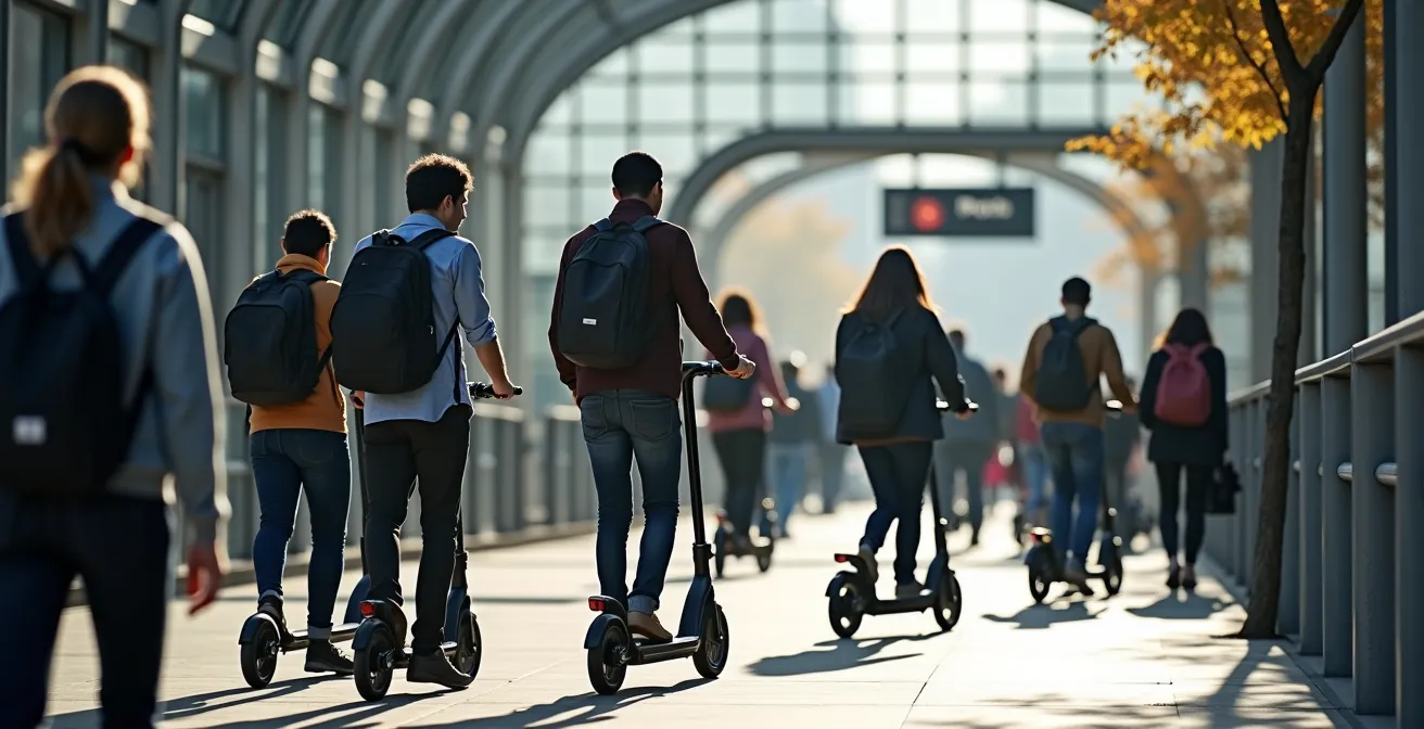 Stazione metropolitana europea con biciclette e monopattini parcheggiati all'esterno