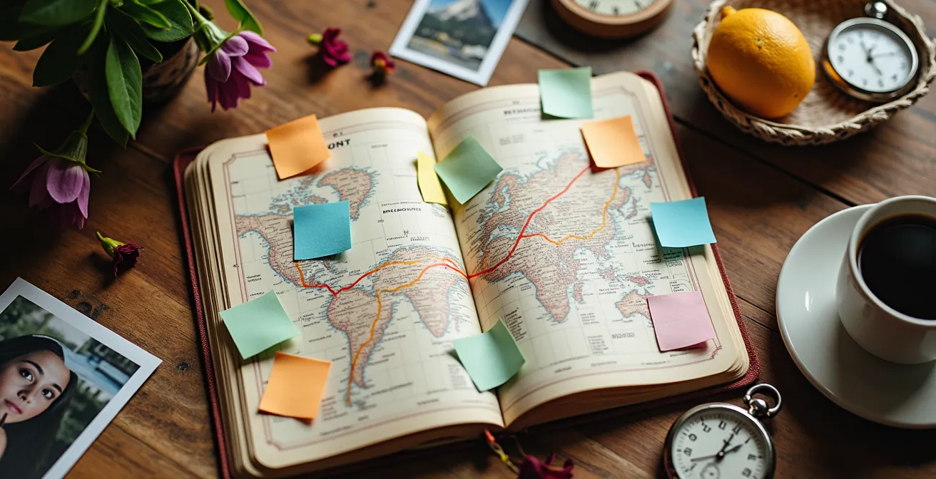 Quaderno con itinerario di viaggio e mappa colorata