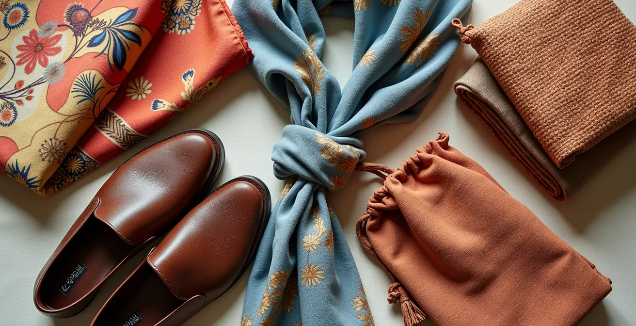 Accessori da viaggio per rispetto culturale disposti su superficie neutra