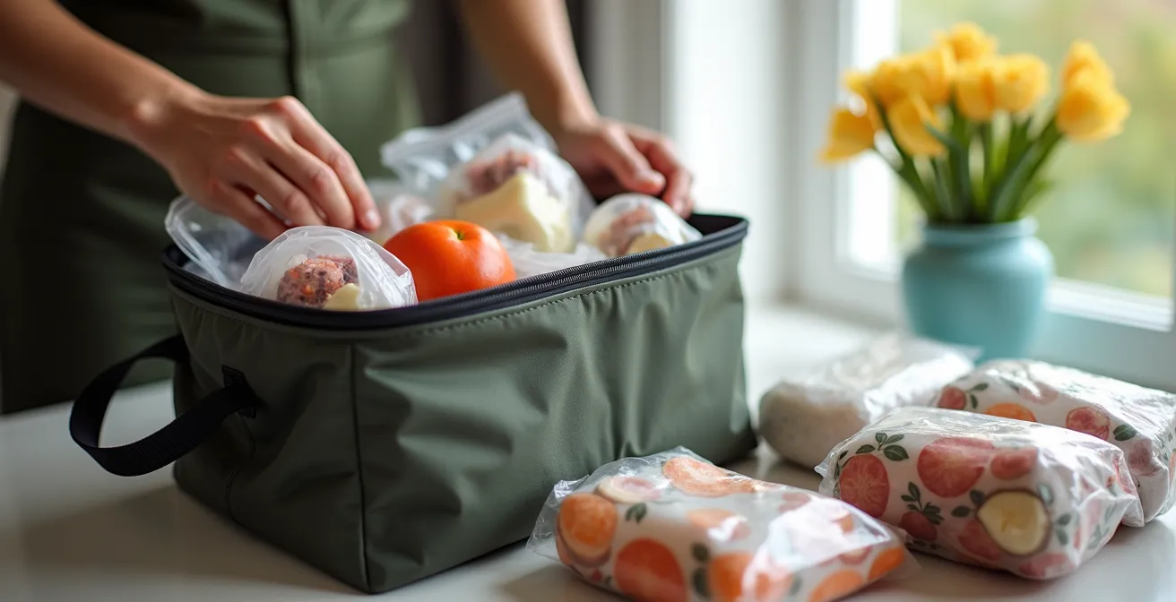 Borsa termica da viaggio con prodotti freschi italiani confezionati per il trasporto