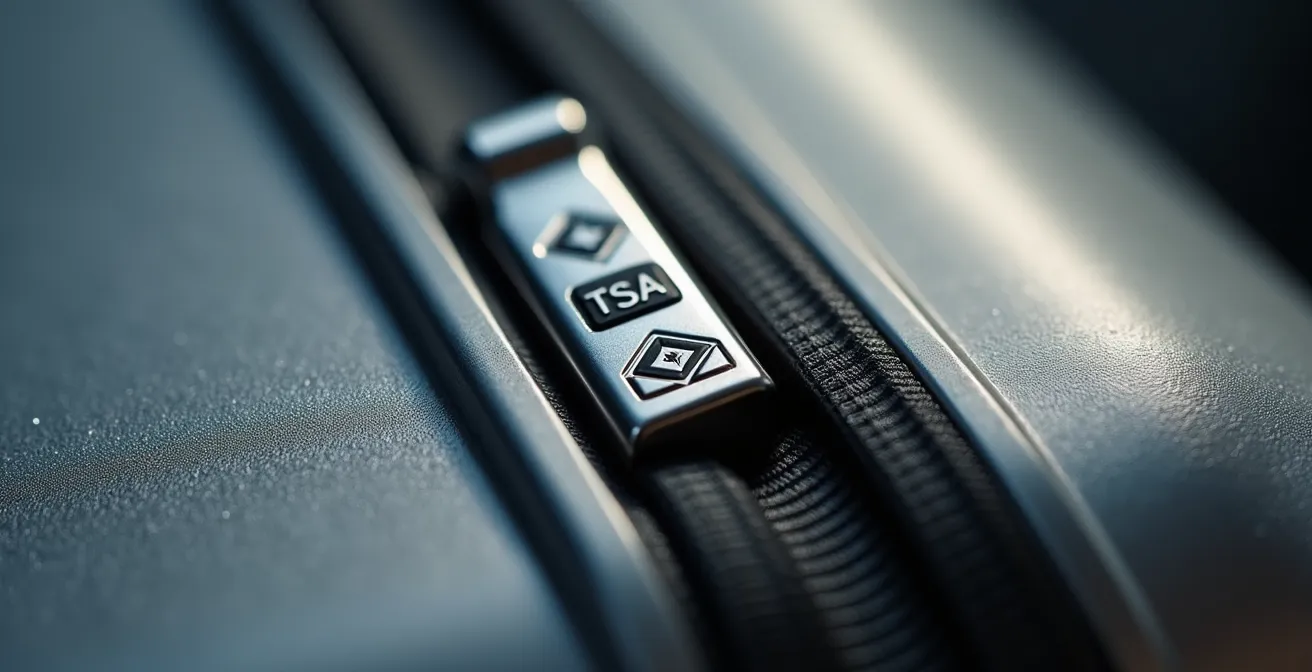 Dettaglio dei loghi ufficiali TSA su chiusura valigia