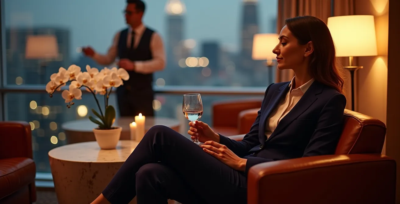 Lounge privata di hotel di lusso con vista panoramica e servizio personalizzato
