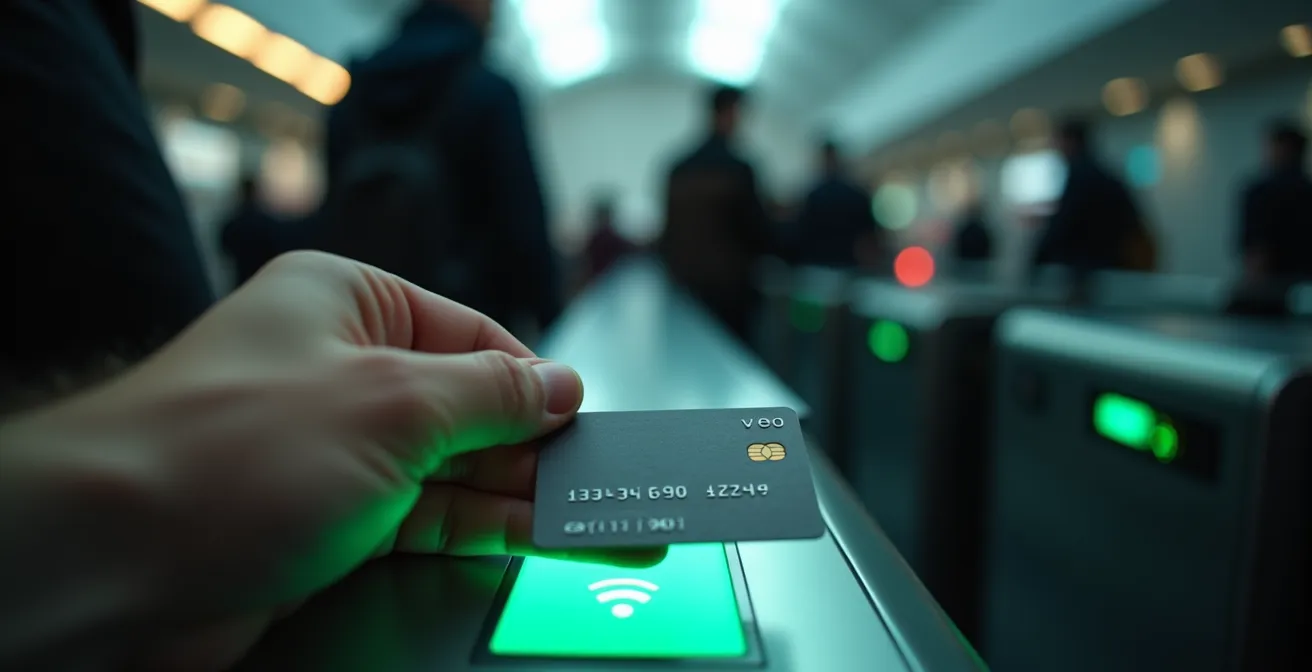 Mano che avvicina una carta di pagamento contactless al lettore del tornello della metropolitana