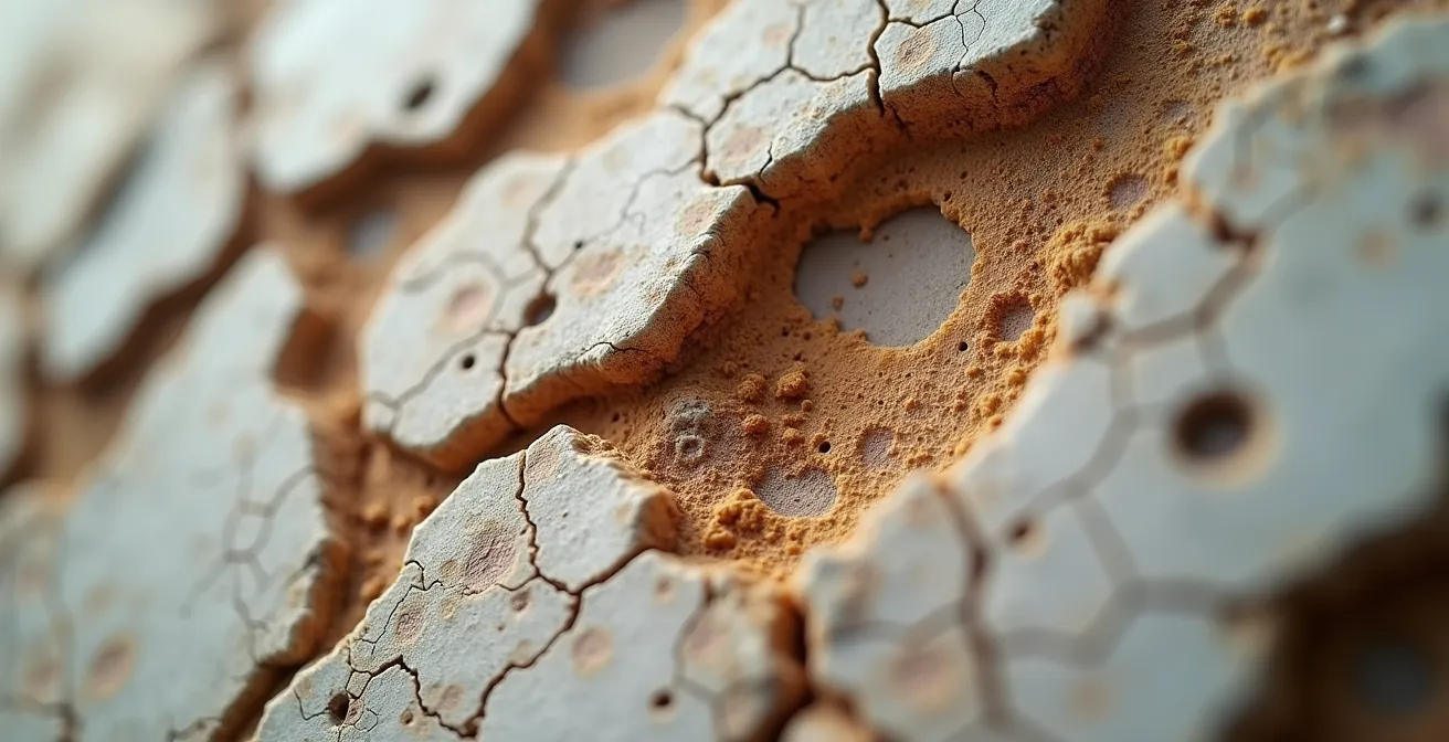 Dettaglio ravvicinato di una superficie marmorea antica con segni di erosione e macchie