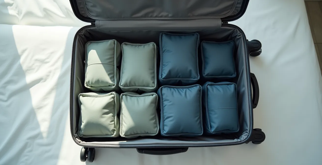 Vista dall'alto valigia morbida aperta con packing cubes colorati organizzati