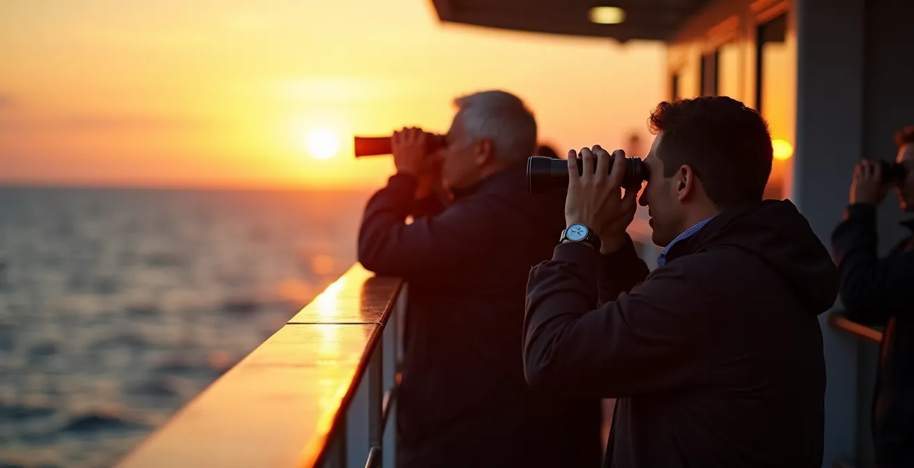 Passeggeri con binocoli osservano il mare dal ponte laterale di un traghetto all'alba