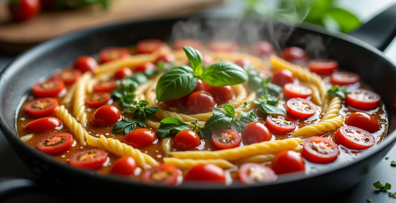 Padella con ingredienti colorati disposti in strati per cottura sequenziale one-pot