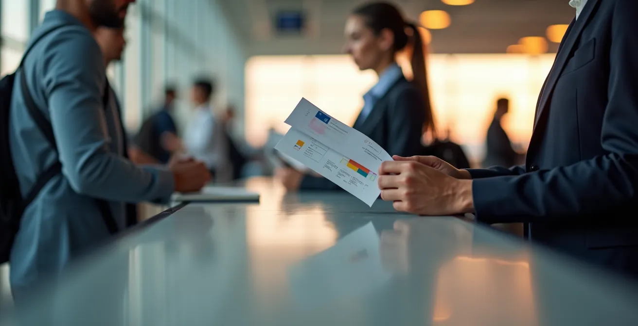 Passeggero al banco transiti aeroportuale che mostra documenti al personale